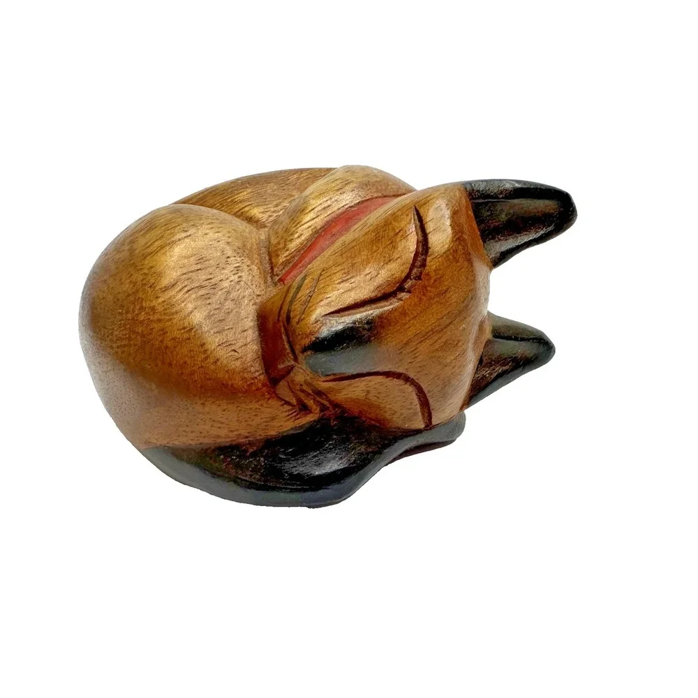 Wooden Siamese Cat Fox Figure Curled Up Sleeping Hand Carved Folk Art Rustic VTG